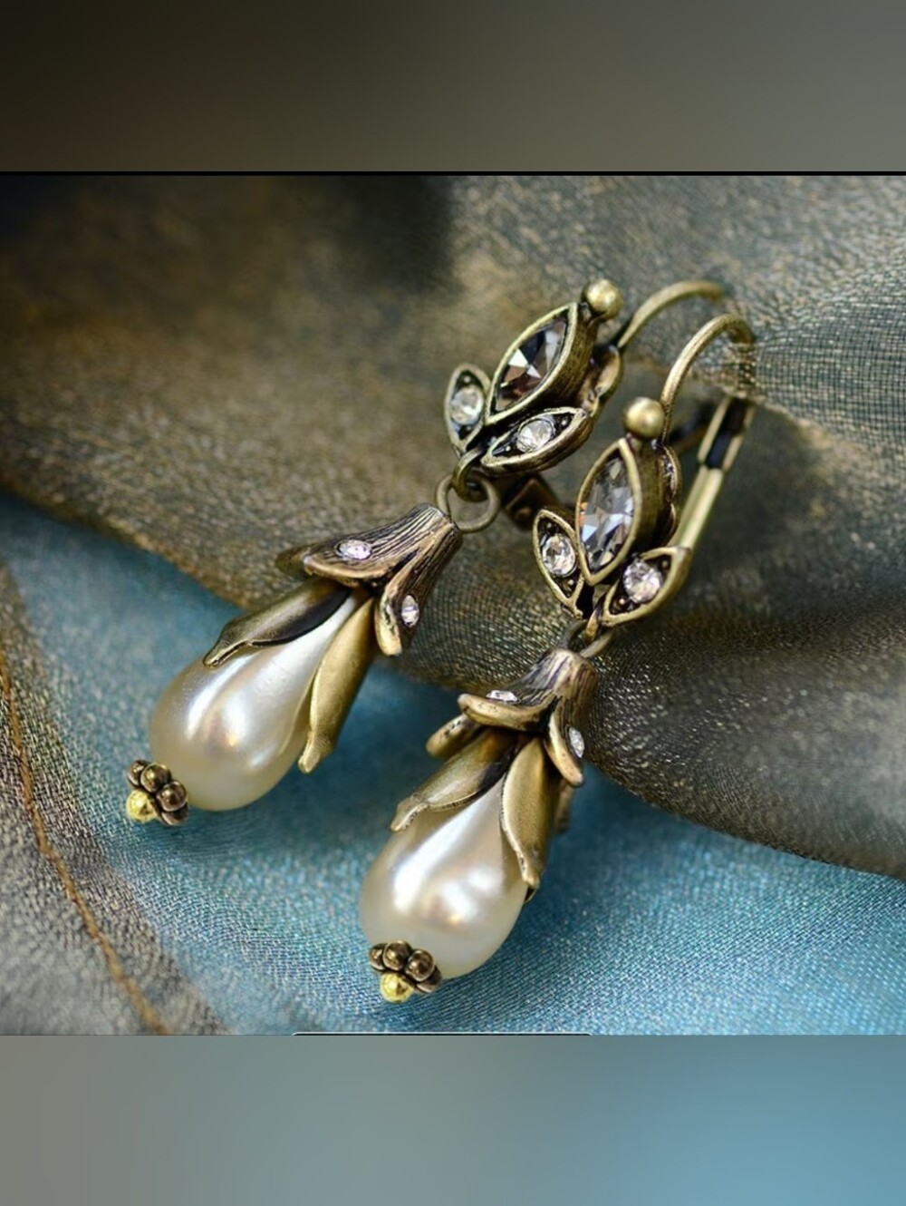 Vintage Victorian Style Faux Pearl Floral Drop Earrings in Antiqued Brass